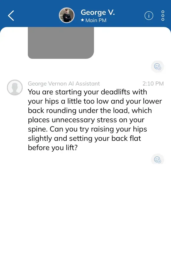 George AI feedback on a deadlift video, correcting hip position and back rounding