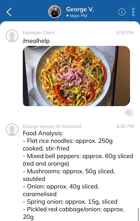 A photo of a noodle dish sent to George AI, with the food analysis it returned