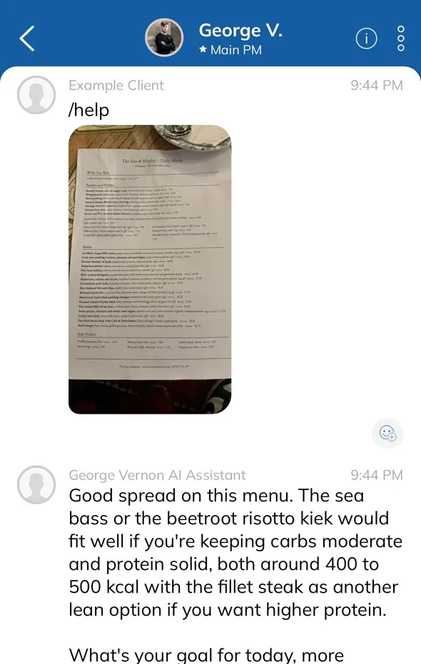 A restaurant menu sent to George AI, with its recommendation of what fits